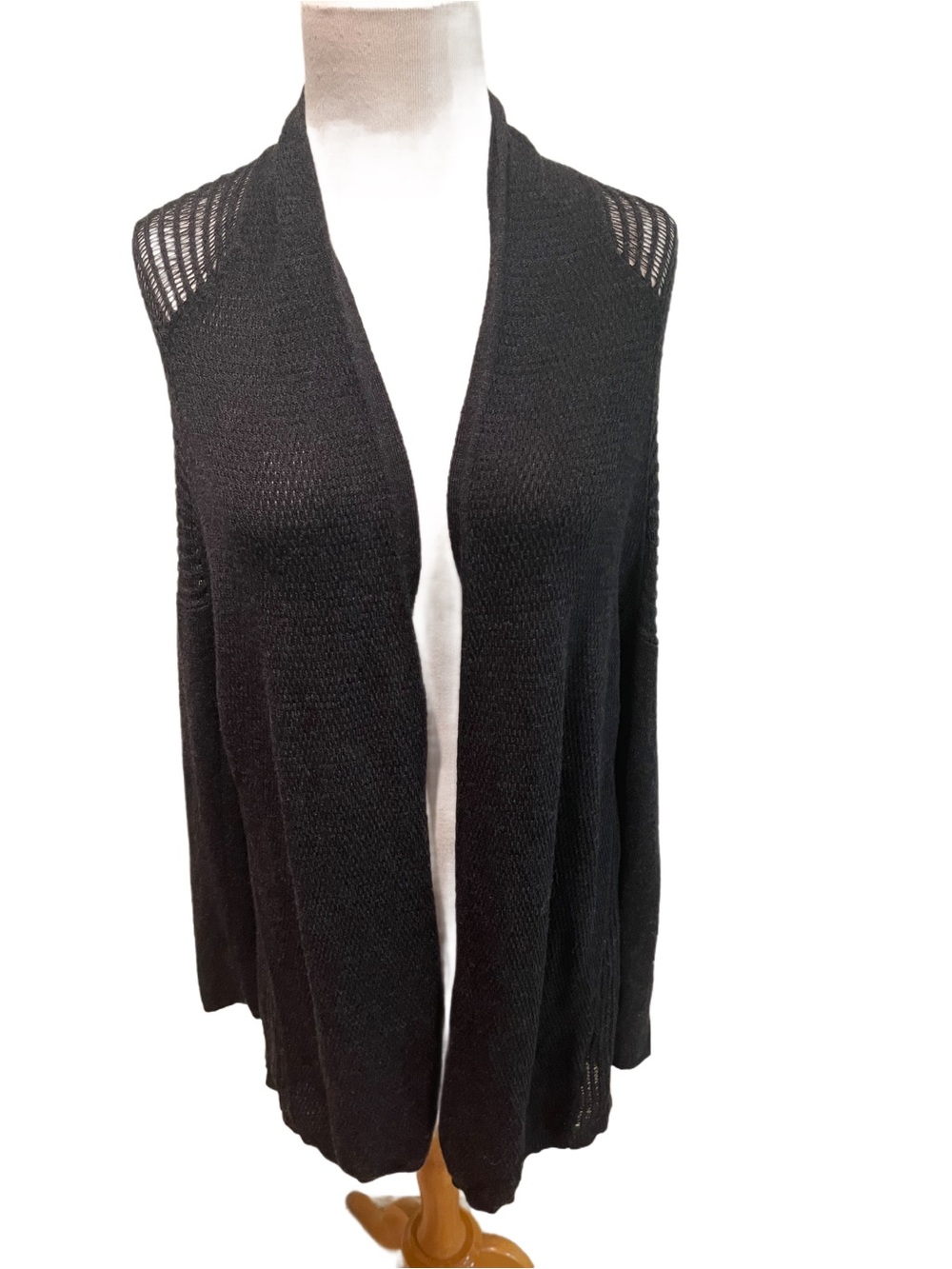 EILEEN FISHER LACY BLACK MERINO WOOL KNIT LONG DUSTER OPEN WRAP CARDIGAN LN L